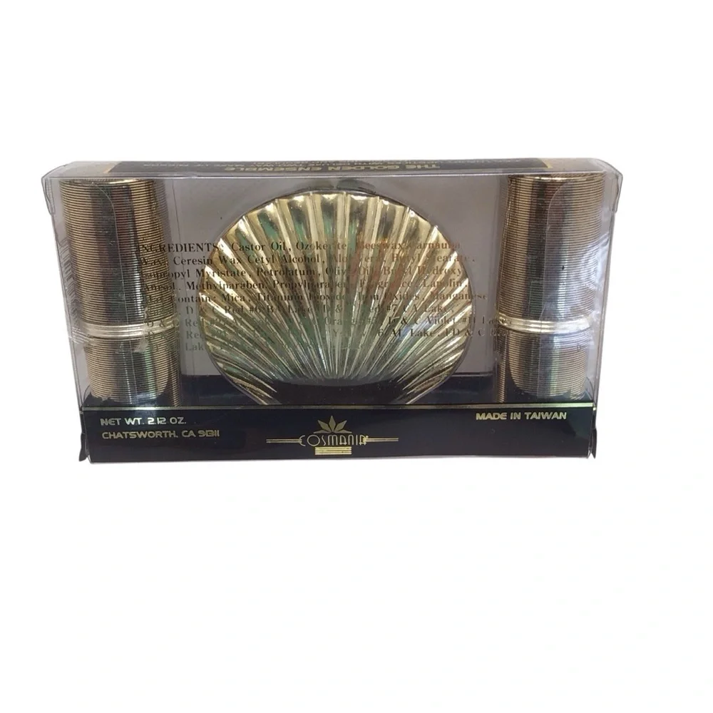 Cosmania Vintage 3pc Glam Golden Ensemble Lipstick & Shell Compact Set